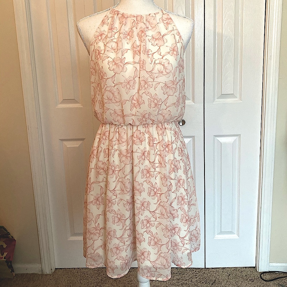 Lush Floral Print Mini Dress - Cream and Pink